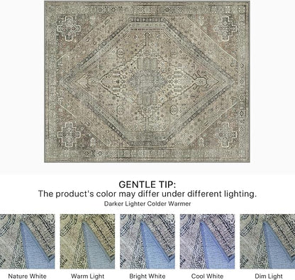 Bavni Washable Rug 3x5 Area Rug for Living Room Bedroom Dining, Washable Vintage Print Carpet, Ultra-Thin Chenille Low Pile Lightweight Rug with Non Slip Backing, Tan