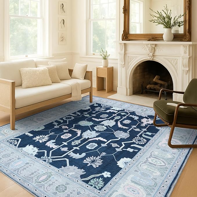 Fame Living Navy Blue Oushak Rug, Modern Small Rugs, Vintage, Turkish, Eclectic, Floral, Pastel, Washable, Door Mat, Doormat for Indoor Entrance, Entryway, Kitchen, Bathroom, Bedroom, Laundry, 2'x3'