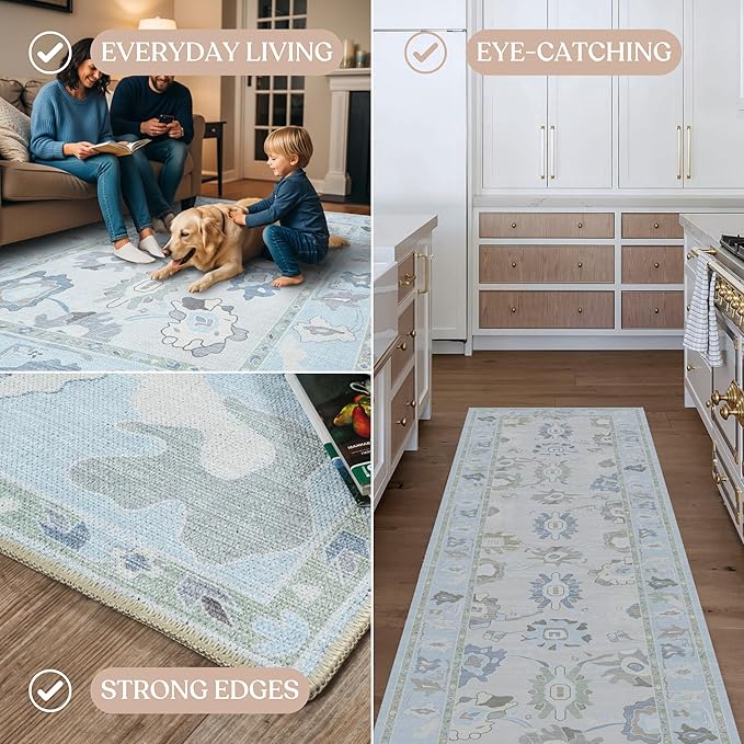 Cream Blue Oushak Rug, Modern Small Rugs, Vintage, Turkish, Eclectic, Floral, Pastel, Washable, Door Mat, Doormat for Indoor Entrance, Entryway, Kitchen, Bathroom, Bedroom, Laundry, 2'x3'
