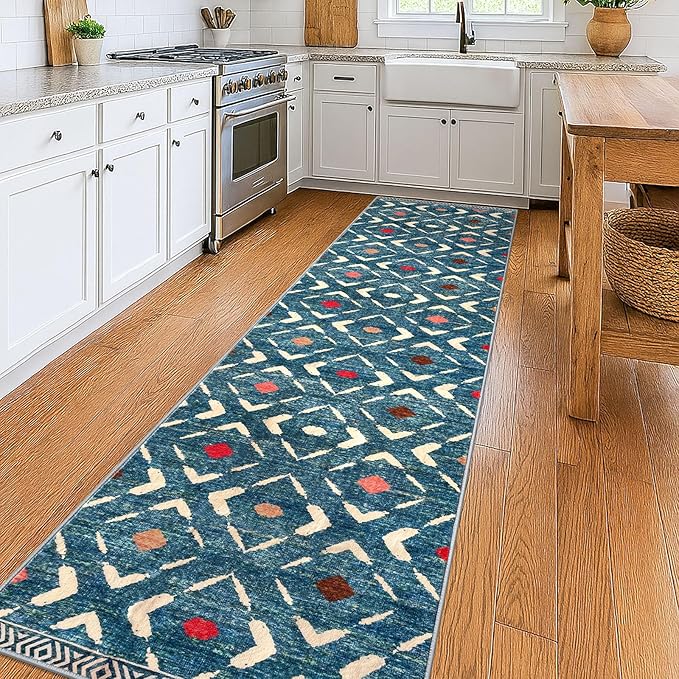 KILOCOCO Hallway Runner Rug 2.6'x10' Runners for Hallways Washable Runner Soft Non Slip Printed Geometric Low-Pile Rugs Runners for Bedroom Kitchen Living Room Boho Rugs, Teal/Blue