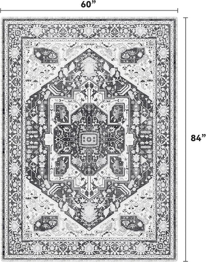 EnHomee 5x7 Area Rugs Washable for Bedroom, Boho Vintage Rugs, Foldable Area Rug for Dining Room, Non-Slip Soft Living Room Rug, Low Pile Large Carpet for Bathroom, Grey