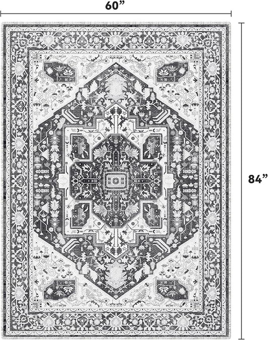 EnHomee 5x7 Area Rugs Washable for Bedroom, Boho Vintage Rugs, Foldable Area Rug for Dining Room, Non-Slip Soft Living Room Rug, Low Pile Large Carpet for Bathroom, Grey