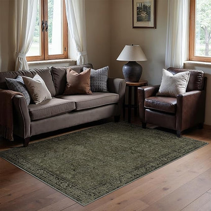Vintage Area Rug 5x7 Washable Olive Brown Living Room Carpet Large Indoor Non Slip Bedroom Low Pile Kitchen Distressed Retro Accent Throw Rug for Dining Room