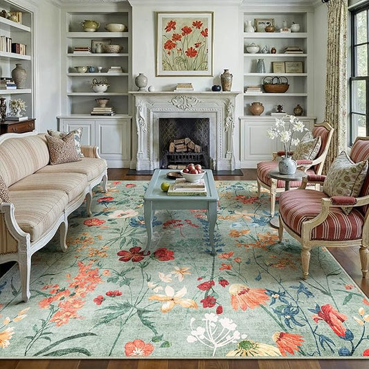 Green Area Rug 8x10 Floral Washable Living Room Kitchen Boho Carpet Non Slip Low Pile Indoor Accent Lightweight Soft Throw Rug for Bedroom Office Dining Room Nursery Farmhouse
