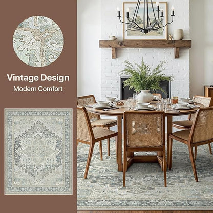 GENIMO 8X10 Area Rugs for Living Room, Machine Washable Vintage Floor Cover Foldable Modern Non Slip Rug, Low Pile Soft Indoor Carpet Floral Print Mat Rug,Bedroom/Dining Room/Home Office,Light Blue