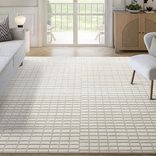 Abani Cream Grid Textured Area Rug - 5 x 8' - Chunky, Plush and Soft Washable Carpet - Perfect for Living Room & Bedroom - Plush Deco Collection