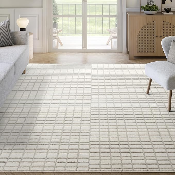 Abani Cream Grid Textured Area Rug - 4' x 6' - Chunky, Plush and Soft Washable Carpet - Perfect for Living Room & Bedroom - Plush Deco Collection