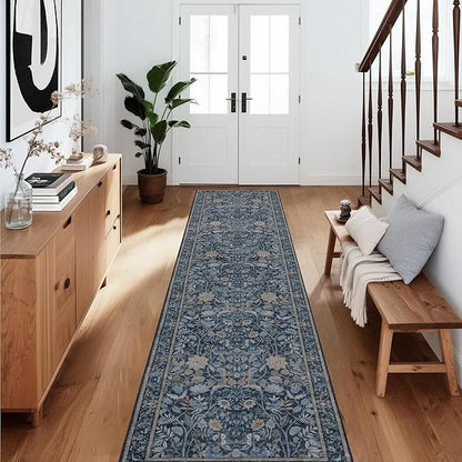 Washable Runner Rug 2x10: Vintage Boho Floral Carpet Runners for Hallway Entryway Non-Slip - Soft Botanical Low Pile Thin Mat for Kitchen Bathroom Bedroom Laundry Floor Decor - Slate Blue