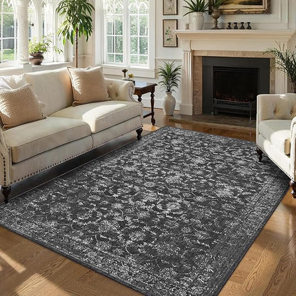 Washable Area Rug 5x7 Black Rugs for Living Room, Vintage Boho Large Rug for Bedroom Dining Room Office, Distressed Floral Print Carpet for Under Table, Soft Non Slip Low Pile Throw Carpet Indoor Mat