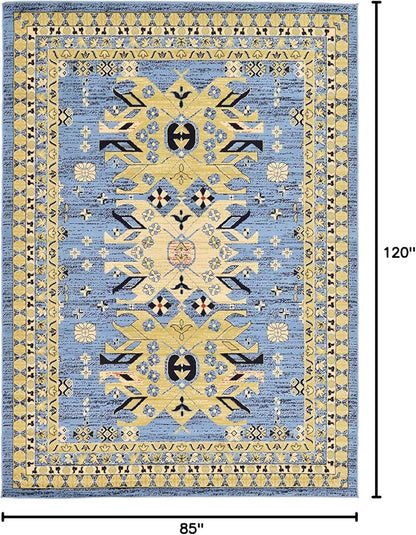 Unique Loom Taftan Collection Border Geometric Tribal Inspired Design Area Rug, 7 ft x 10 ft, Light Blue/Gold