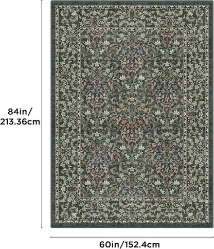 Bavni 5x7 Area Rugs for Living Room, Floral Rug Machine Washable Non Slip, Vintage Boho Forest Carpet, Soft Low Pile Thin Lightweight Rugs for Bedroom, Farmhouse, Dining Room Office, Emerald Green
