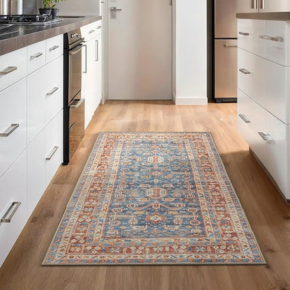 GLN Rugs Traditional Collection - Machine Washable Area Rug, Traditional Washable, Non Slip, Low Pile Chenille Rug, Living Room, Bedroom, Kitchen Rug (2'6" x 7' Terra/Slate Blue)