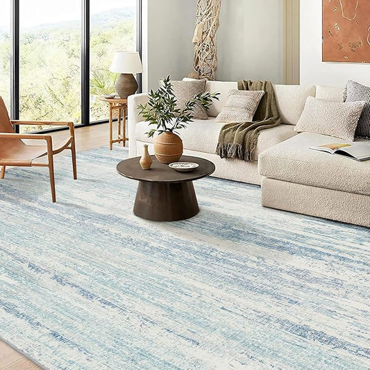 MUJOO 9x12 Area Rug,Washable Rugs for Living Room Bedroom Dining Room,Modern Abstract Large Non Slip Throw Carpet Indoor,Low Pile Accent Neutral Blue