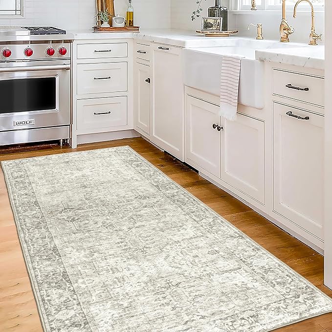 ReaLife Rugs Machine Washable Area Rug Runner - Living Room Bedroom Bathroom Kitchen Entryway Office - Padded Low Pile Stain Resistant Premium - Boho Farmhouse Vintage - Lyle - Beige Ivory 2'6" x 8'