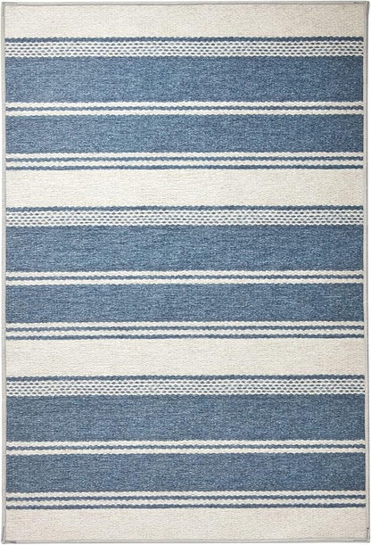 Dash & Albert Bowman Stripe Blue Machine Washable Rug, 3 X 5 Feet, Blue Stripe Pattern