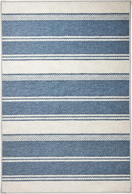 Dash & Albert Bowman Stripe Blue Machine Washable Rug, 3 X 5 Feet, Blue Stripe Pattern