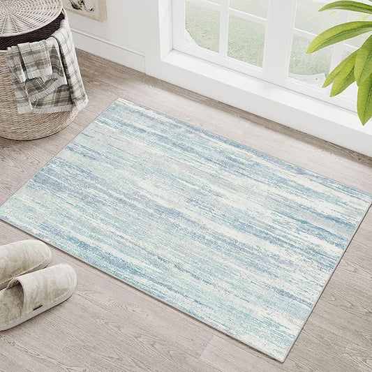 MUJOO Small Rug Washable,2x3 Area Rugs for Entryway Entry Entrance Bedroom Bathroom,Modern Abstract Low Pile Throw Rug,Front Door Mat Non Slip Accent Neutral Carpet Indoor Blue