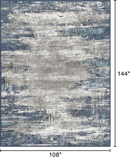 Bavni Area Rugs 9x12 Living Room, Modern Machine Washable Rugs Non-Slip, Modern Soft Large Rug for Bedroom, Dining Room, Office, Playroom, Blue/Ivory