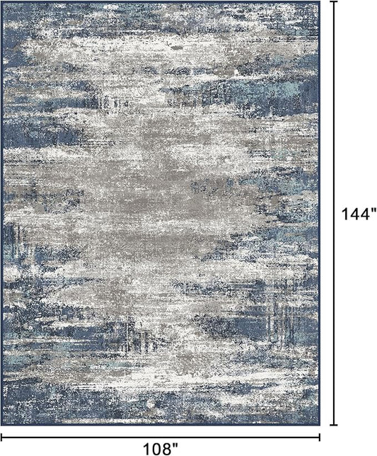 Bavni Area Rugs 9x12 Living Room, Modern Machine Washable Rugs Non-Slip, Modern Soft Large Rug for Bedroom, Dining Room, Office, Playroom, Blue/Ivory