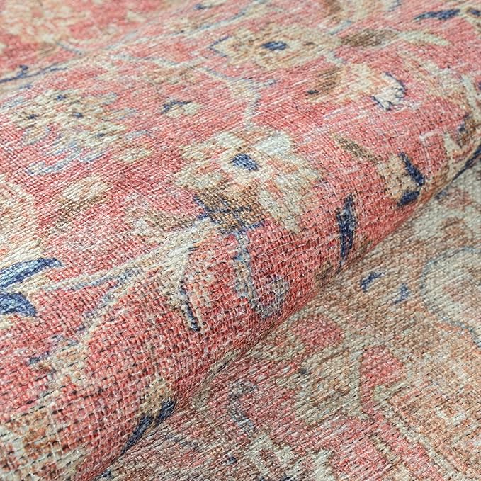 GLN Rugs Traditional Collection - Machine Washable Area Rug, Traditional Washable, Non Slip, Low Pile Chenille Rug, Living Room, Bedroom, Kitchen Rug (5'3" Round Pink/Cream)