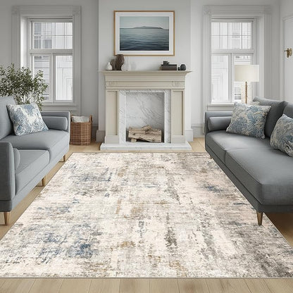 FMFUNCTEX 8x10 Washable Area Rug Brown Blue Neutral Abstract Modern Large Non Slip Carpet for Living Room Bedroom Soft Low Pile Indoor Mat Thin Accent Throw Rug for Dining Room Kitchen Office Nursery