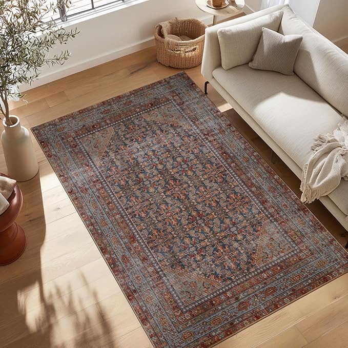 Kuden 4x6 Area Rug, Machine Washable Area Rug with Non-Slip Backing, Vintage Style, Soft, Easy Clean, Low Pile Rug for Living Room, Bedroom, Dining Room