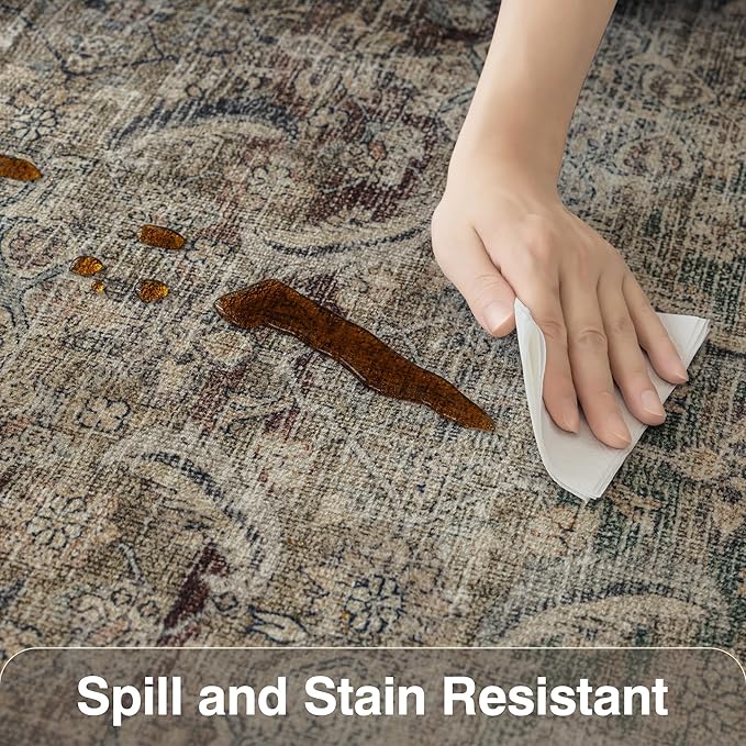 Fmfunctex 5x7 Washable Area Rug Neutral Vintage Brown Distressed Non Slip Low Pile Retro Indoor Carpet for Living Room Bedroom Soft Mat Throw Rug for Dining Office Kitchen Dorm Nursery Entryway, Multi