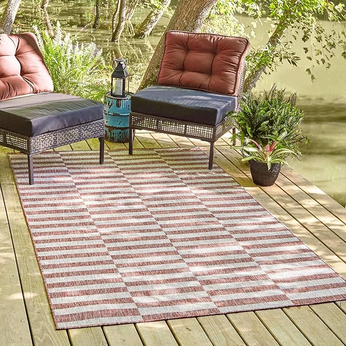 Unique Loom Outdoor Striped Collection Area Rug - Striped (6' 1" x 9' Rectangle, Rust Red/Ivory)