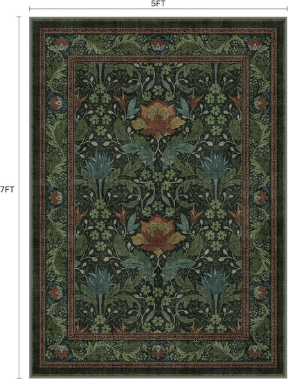 Bavni 5x7 Area Rugs for Living Room, Microfiber Machine Washable Non-Slip Vintage Floral Rug, Low Pile Lightweight Carpet for Bedroom, Dining Room, Home Office, Dark Green
