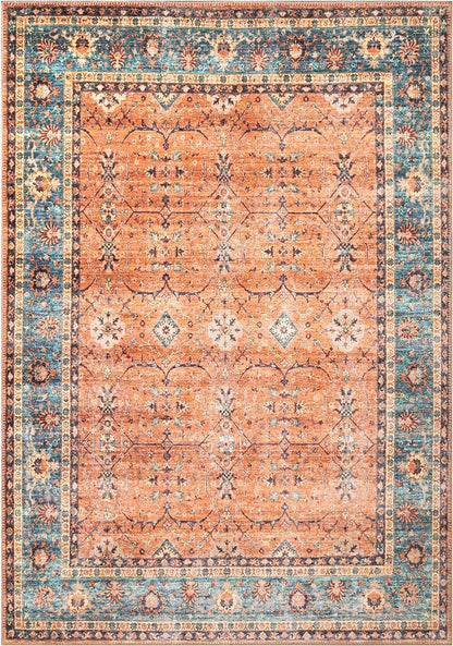 Bloom Rugs Washable Non-Slip 10x14 Rug - Orange/Teal Blue Traditional Bordered Area Rug for Living Room, Bedroom, Dining Room, and Kitchen - Exact Size: 10' x 14'