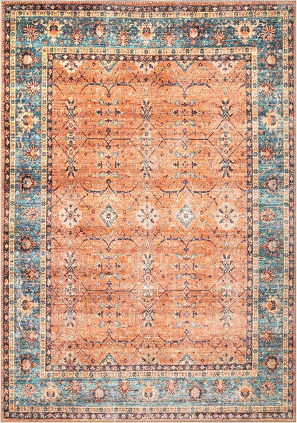 Bloom Rugs Washable Non-Slip 4' x 6' Rug - Orange/Teal Blue Traditional Bordered Area Rug for Living Room, Bedroom, Dining Room, and Kitchen - Exact Size: 4' x 6'