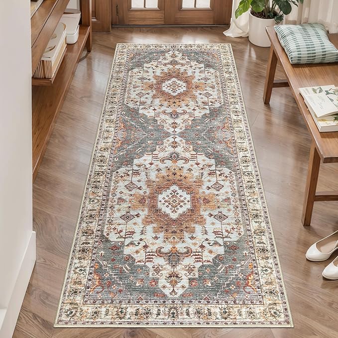 Tangsoo 2x5 Washable Runner Rug for Hallways, Non Slip Vintage Rugs, Soft Low Pile Long Rug Runner, Print Distressed Turmeric Carpet Runners for Kitchen Bedroom Entryway Bathroom Living Room