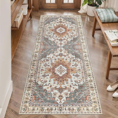 Tangsoo 2x5 Washable Runner Rug for Hallways, Non Slip Vintage Rugs, Soft Low Pile Long Rug Runner, Print Distressed Turmeric Carpet Runners for Kitchen Bedroom Entryway Bathroom Living Room