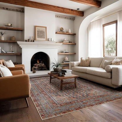 Kuden 5x7 Area Rug, Machine Washable Area Rug with Non-Slip Backing, Vintage Style, Soft, Easy Clean, Low Pile Rug for Living Room, Bedroom, Dining Room