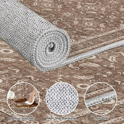 WITSHOCK Washable 2x4 Entryway Area Rug, Soft Non-Slip Rugs Vintage Flower Accent Small Rugs for Bedroom, Kitchen, Living Room, Nursery Entrance, Dark Brown