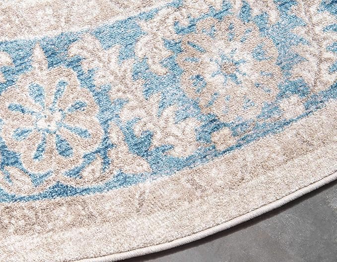 Unique Loom Salzburg Collection Classic Traditional Design Oriental Inspired Border Area Rug (4' 0 x 4' 0 Round, Beige/Blue)