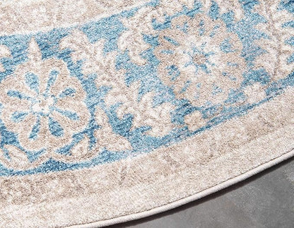 Unique Loom Salzburg Collection Classic Traditional Design Oriental Inspired Border Area Rug (5' 0 x 5' 0 Round, Beige/Blue)