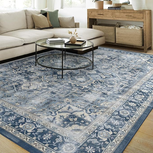 RUGGABLE Washable Vintage Area Rug – Kamran Admiral Blue 9x12, Stain-Resistant, Non-Slip – Large Machine Washable Rugs for Living Room, Bedroom, Hallway, Entryway & Office–with Standard Pad