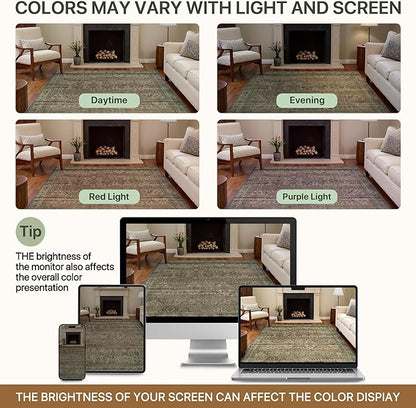 8x10 Area Rug Machine Washable Boho Rug for Living Room,Ultra-Thin Low Pile Carpet,Lightweight Indoor Printed Rug,Non Slip Floral Area Rug for Bedroom, Dining Room, Home Office,Sage