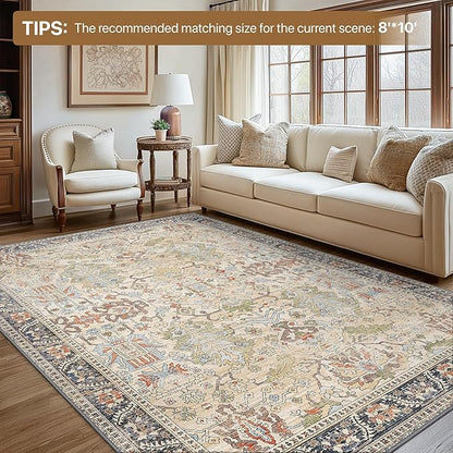 Bavni 6x9 Area Rugs Boho Washable Rugs for Living Room Non-Slip, Ultra Thin Low Pile Vintage Rug for Bedroom Dinning Room Office, Modern Farmhouse, Ivory/Teal