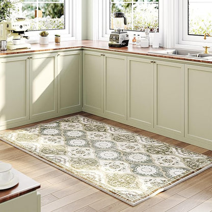 EnHomee Area Rugs 3x5, Soft Washable Rugs for Living Room Bedroom, Boho Non Slip Low Pile Stain Resistant Washable Rug Large Carpet for Dining Room,Easy to Clean Living Room Rug, Green