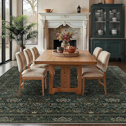 9x12 Floral Washable Area Rug for Living Room, Vintage Boho Large Rug for Bedroom Dining Room， Distressed Botanical Birds Non Slip Low Pile Forest Animal Throw Carpet for Farmhouse Office, Dark Green