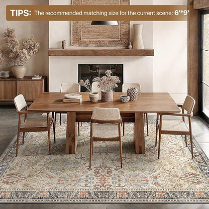 Bavni 6x9 Area Rugs Boho Washable Rugs for Living Room Non-Slip, Ultra Thin Low Pile Vintage Rug for Bedroom Dinning Room Office, Modern Farmhouse, Ivory/Teal