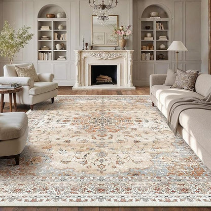 HUGEAR Machine Washable Area Rugs 8x10 Vintage Orange Large Living Room Bedroom Rug Neutral Style Non Slip Stain Resistant Low Pile Throw Carpet for Home Retro Aesthetic Modern Decor