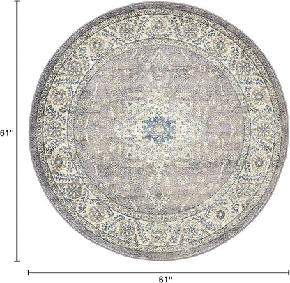 Unique Loom Salzburg Collection Classic Traditional Design Oriental Inspired Border Area Rug (5' 0 x 5' 0 Round, Gray/Beige)
