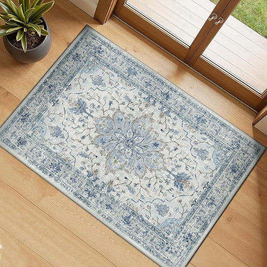 Area Rugs 2'x3' Washable Non-Slip, Floral Vintage Distress Print Pattern Medallion Carpet for Living Room Bedroom Dining Room, Light Blue Navy Beige Gray White
