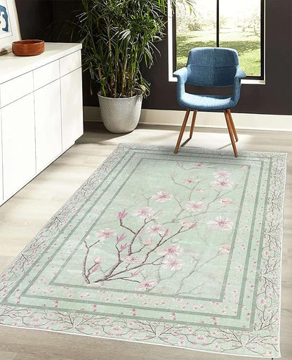 Ambesonne Apple Blossom Decorative Rug, Flowers and Blooming Spring Season Branches Nature Garden Romance, Quality Carpet for Bedroom Dorm and Living Room, 5' 1" X 7' 5", Mint Green and Pink