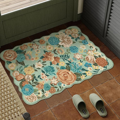 Washable Floral Area Rug 2x3 Green Small Entryway Carpet Scalloped Flower Non Slip Soft Entrance Door Mat Farmhouse Low Pile Indoor Thin Floor Cover for Bathroom Kitchen Bedroom Laundry Room