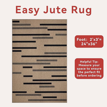 Tangsoo Stripe Easy Jute Rug,Ultra Thin 2x3 Outdoor Rug for Entryway,Non-Slip Washable Small Rug Modern Front Door Mat Non Shedding Throw Carpet for Kitchen Bedroom Porch Doorway