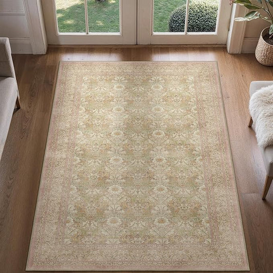 Bavni 3x5 Vintage Floral Rug, Washable Non Slip Area Rug for Entryway, Bedroom, Kitchen or Living Room, Low Pile Carpet, Brown Pink